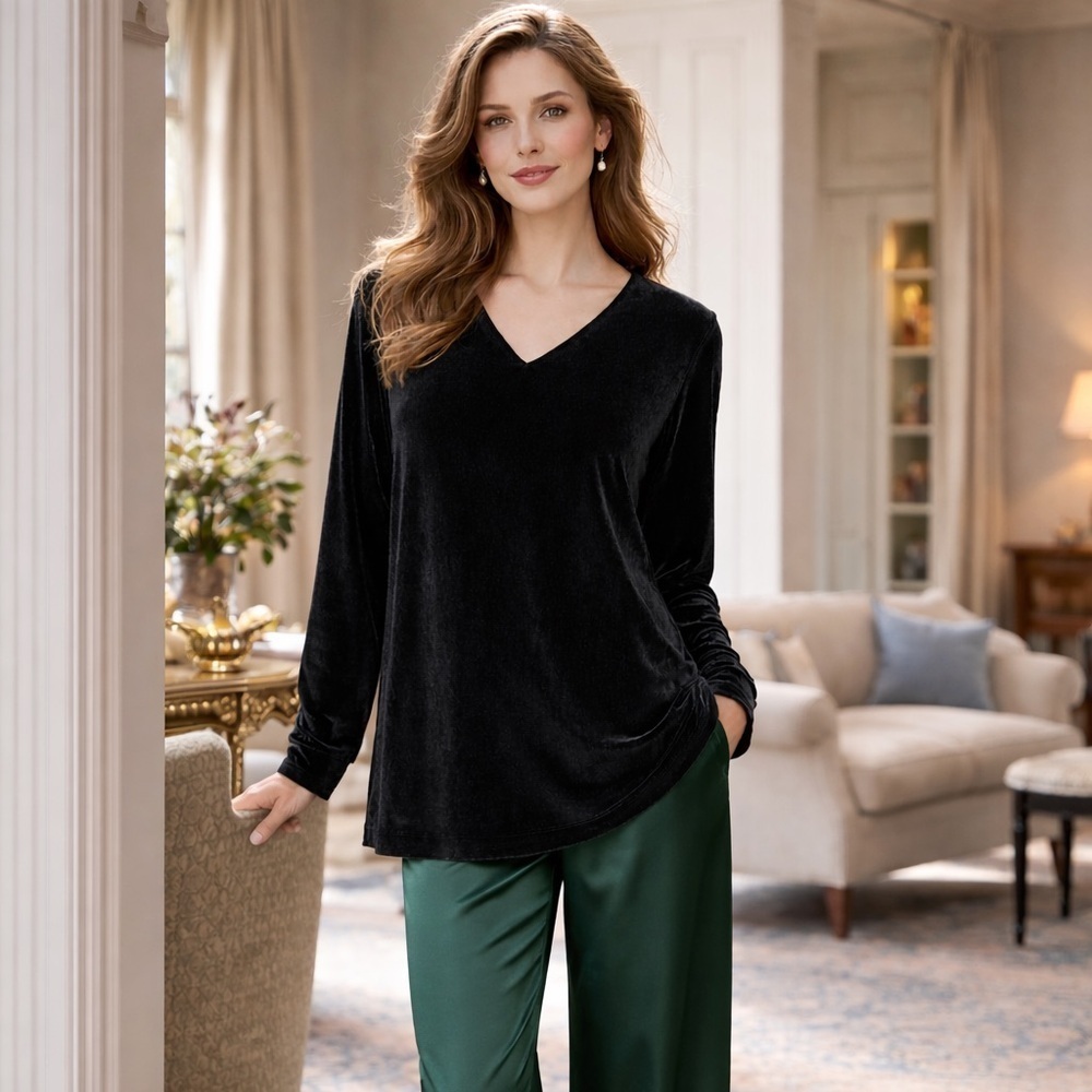 Laura Ashley Womens Tunic Top Sz Medium Black Silk Velvet V-neck Blouse Shirt